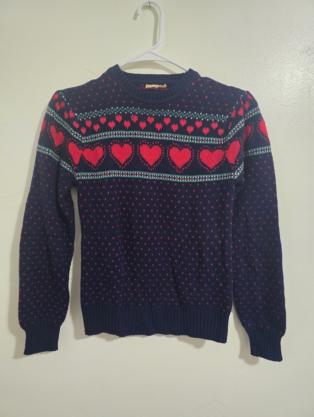 Vintage Wool Heart Sweater Navy Blue Size XS Grandma Cottagecore
